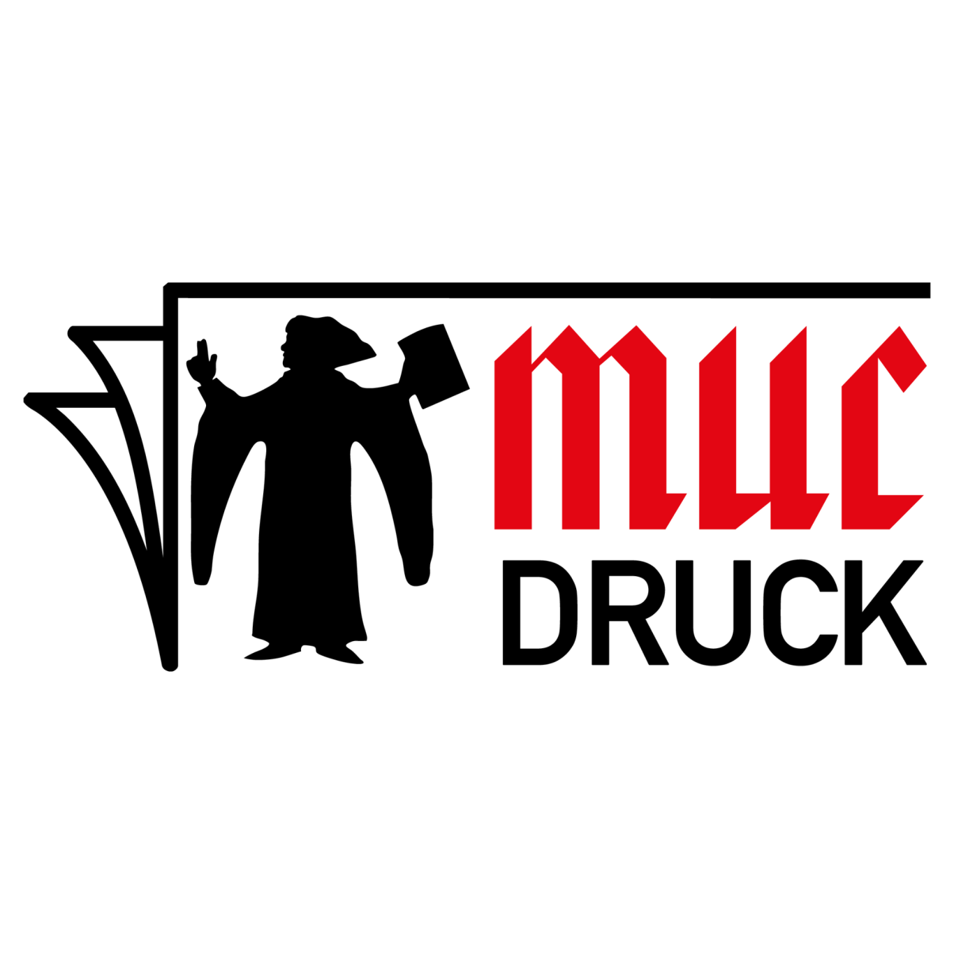Logo von MUC DRUCK mit stilisierter Figur in schwarzer Robe und rotem Schriftzug.